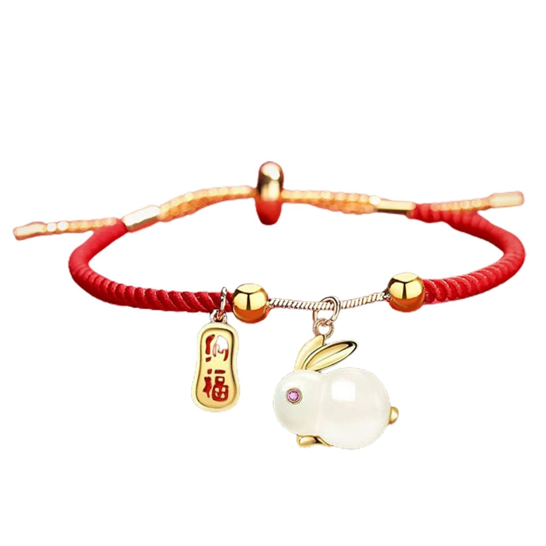 Women Bracelet Chinese Style Fu Character Auspicious Pendant Gift Half Red Rope Half Chain Faux Jade Rabbit Bangle for Image 3