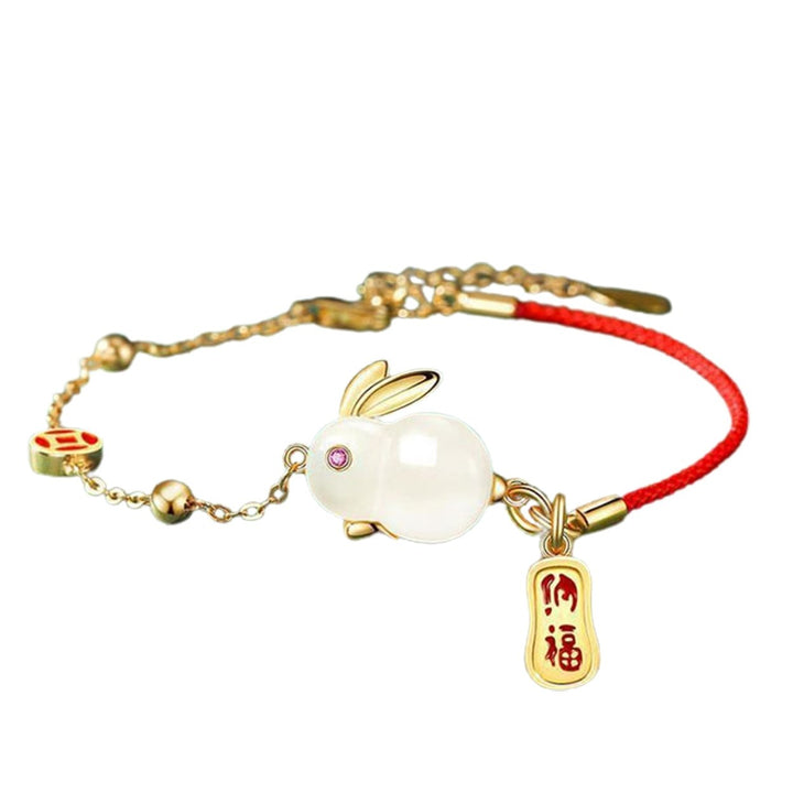 Women Bracelet Chinese Style Fu Character Auspicious Pendant Gift Half Red Rope Half Chain Faux Jade Rabbit Bangle for Image 4