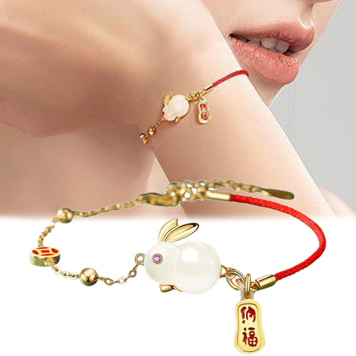 Women Bracelet Chinese Style Fu Character Auspicious Pendant Gift Half Red Rope Half Chain Faux Jade Rabbit Bangle for Image 7