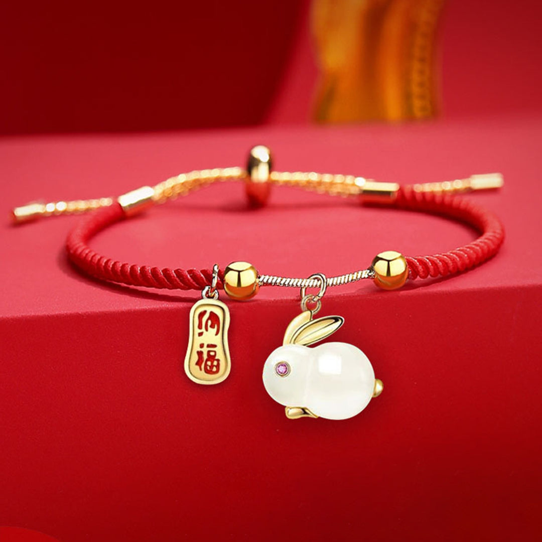 Women Bracelet Chinese Style Fu Character Auspicious Pendant Gift Half Red Rope Half Chain Faux Jade Rabbit Bangle for Image 8