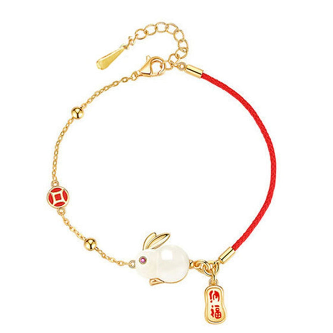 Women Bracelet Chinese Style Fu Character Auspicious Pendant Gift Half Red Rope Half Chain Faux Jade Rabbit Bangle for Image 9