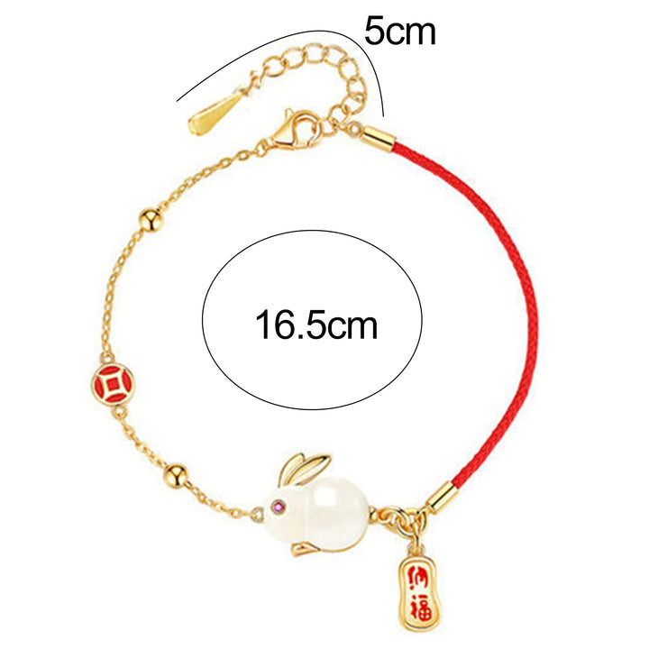 Women Bracelet Chinese Style Fu Character Auspicious Pendant Gift Half Red Rope Half Chain Faux Jade Rabbit Bangle for Image 10