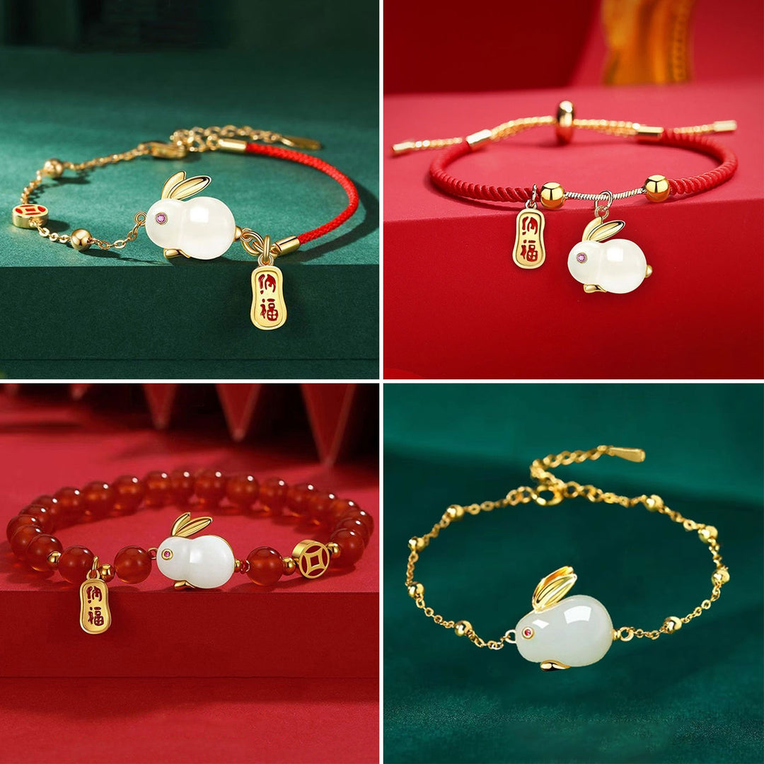 Women Bracelet Chinese Style Fu Character Auspicious Pendant Gift Half Red Rope Half Chain Faux Jade Rabbit Bangle for Image 11