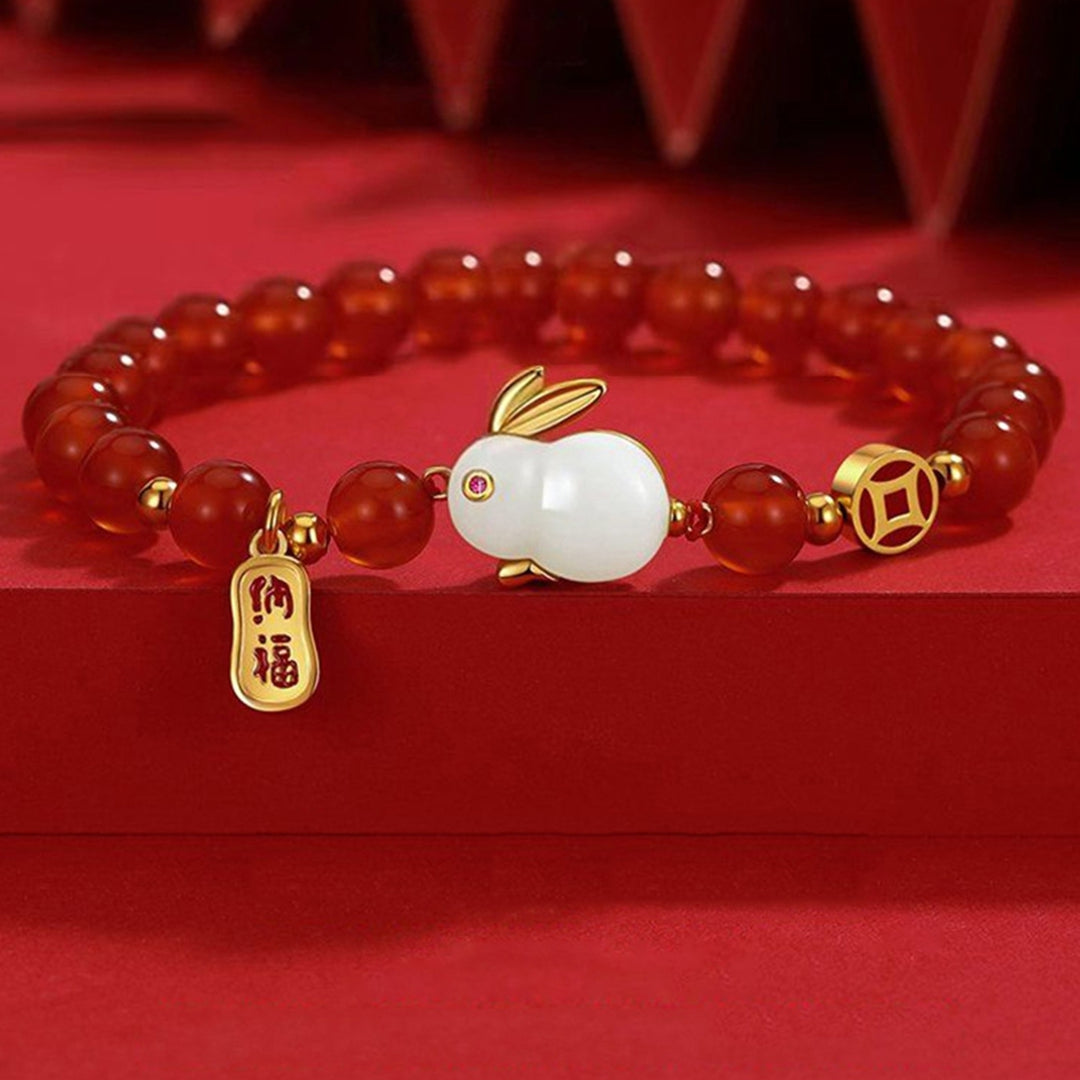 Women Bracelet Chinese Style Fu Character Auspicious Pendant Gift Half Red Rope Half Chain Faux Jade Rabbit Bangle for Image 12