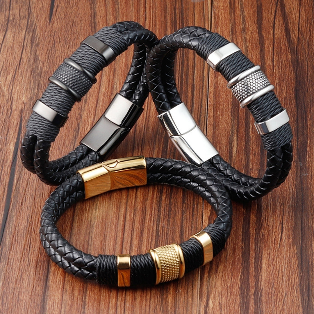 Bracelet Personality Double Layer Braided Punk Style Retro Magnetic Buckle Men Bracelet for Daily Wear Image 1