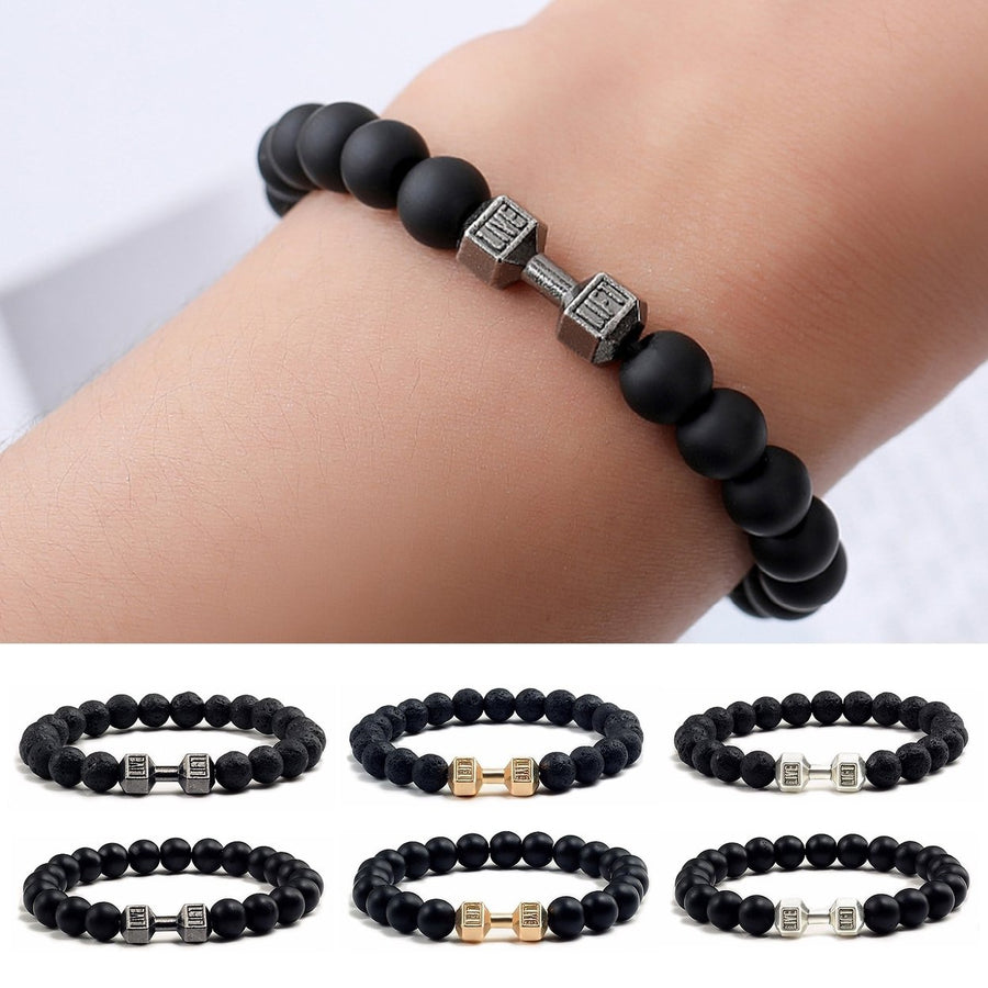 Men Bracelet Dumbbell Decor Vintage Matte Finish Handmade Elastic Decoration Accessory Round Loose Stone Beads Bracelet Image 1