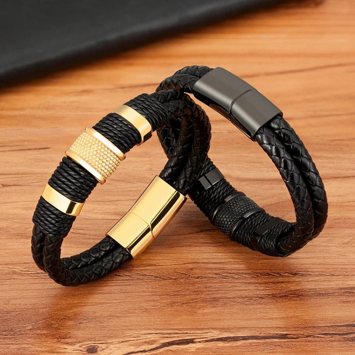 Bracelet Personality Double Layer Braided Punk Style Retro Magnetic Buckle Men Bracelet for Daily Wear Image 11