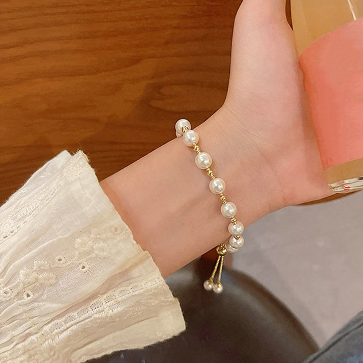 Women Bracelet Beaded Adjustable Elegant Dainty Simple Style Gift Golden High Gloss Faux Pearl Girls Bracelet Fashion Image 3