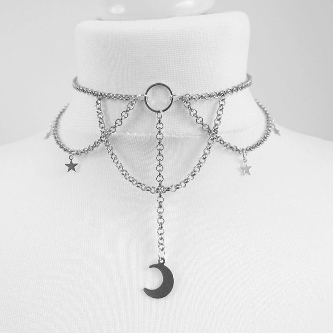 Dress Up Necklace Artistic Alloy Crescent Moon Stars Gothic Choker Necklace for Dating Image 10