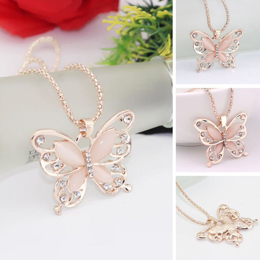 Women Necklace Shiny Rhinestone Rose Gold Color Butterfly Shape Lady Pendant Female Jewelry Image 1