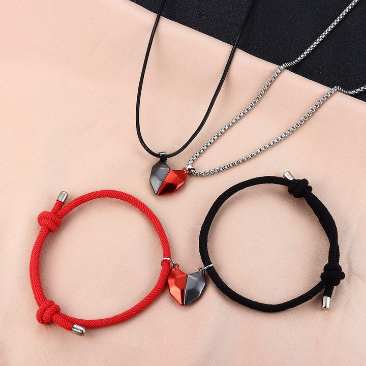 4Pcs/Set Couple Necklaces Bracelets Magnetic Distance Heart Pendant Men Women Handmade Geometric Jewelry Set for Daily Image 1