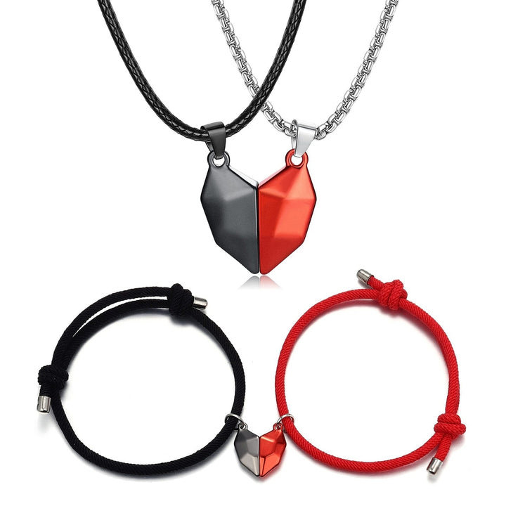 4Pcs/Set Couple Necklaces Bracelets Magnetic Distance Heart Pendant Men Women Handmade Geometric Jewelry Set for Daily Image 2