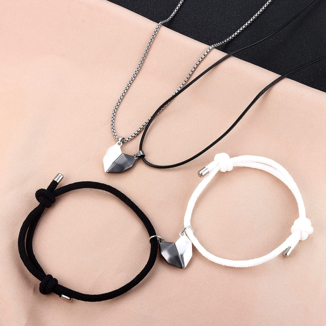 4Pcs/Set Couple Necklaces Bracelets Magnetic Distance Heart Pendant Men Women Handmade Geometric Jewelry Set for Daily Image 4