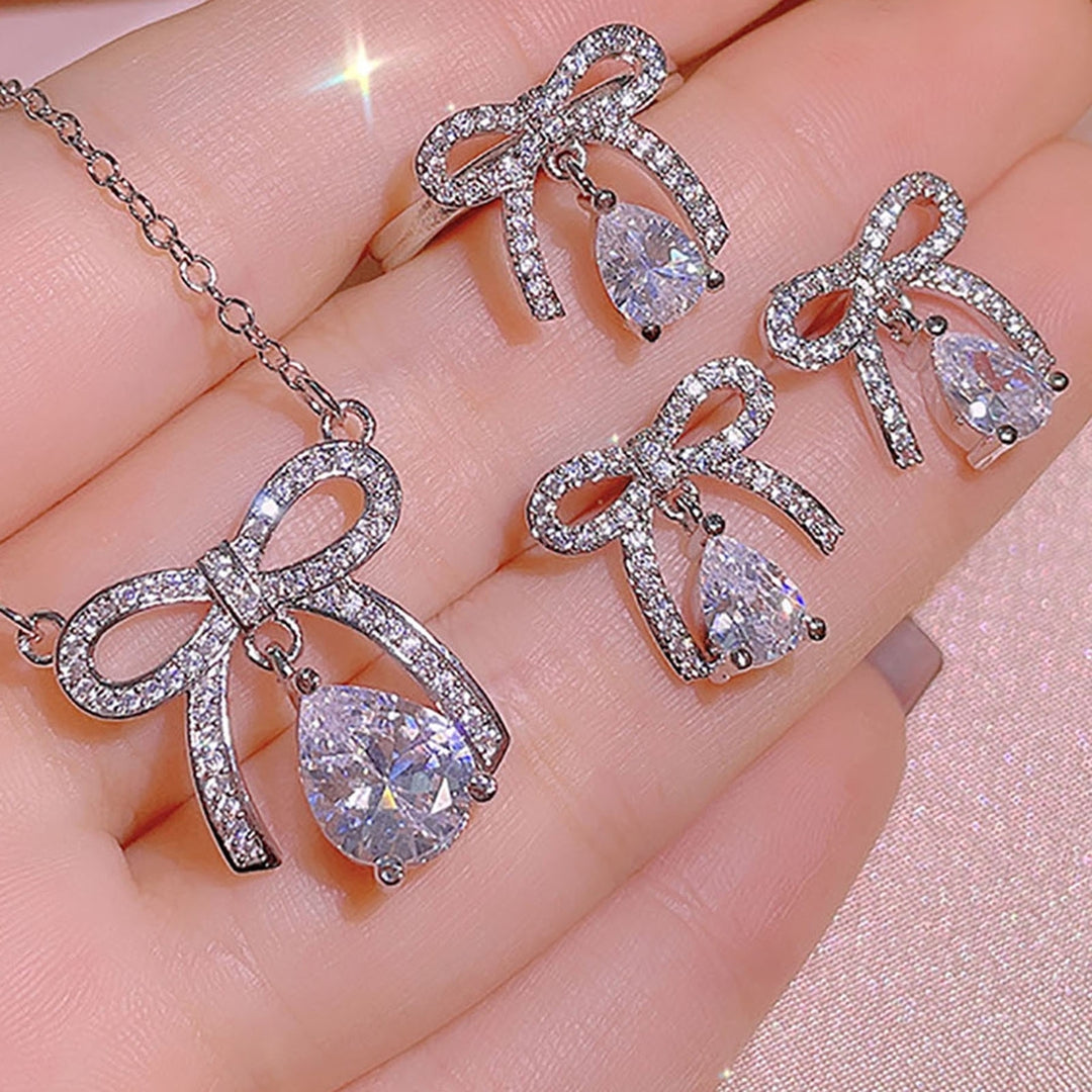 Women Necklace Bow Rhinestones Jewelry Sparkling Bright Luster Ring Earrings Necklace Jewelry Gifts Image 11