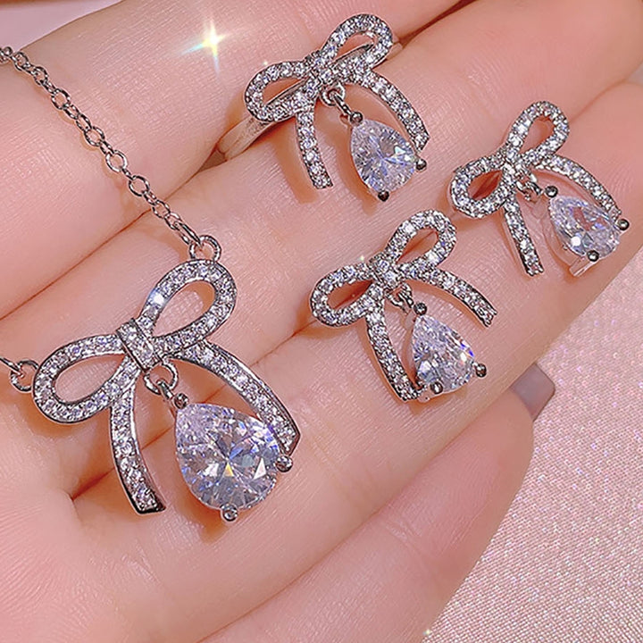 Women Necklace Bow Rhinestones Jewelry Sparkling Bright Luster Ring Earrings Necklace Jewelry Gifts Image 11