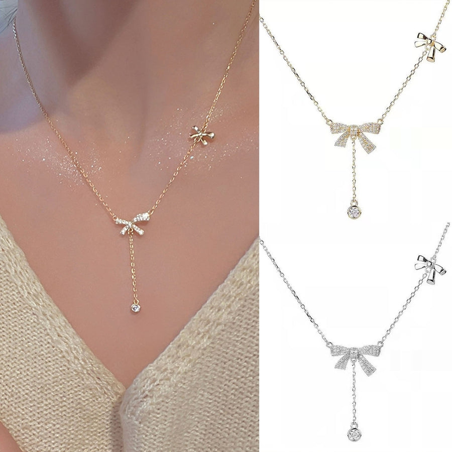 Women Necklace Bow Tassel Jewelry Korean Style Cubic Zirconia Necklace for Banquet Image 1