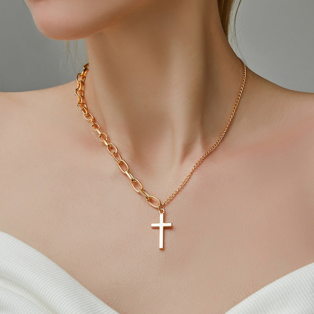 Cross Pendant Necklace Adjustable Asymmetric Electroplating Metal Collarbone Chain Necklace with Extend Chain for Party Image 1