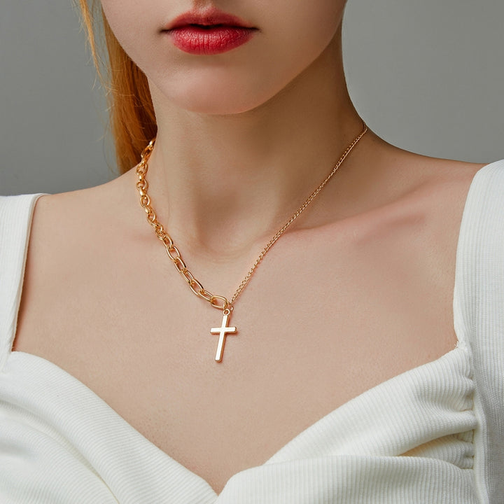 Cross Pendant Necklace Adjustable Asymmetric Electroplating Metal Collarbone Chain Necklace with Extend Chain for Party Image 4