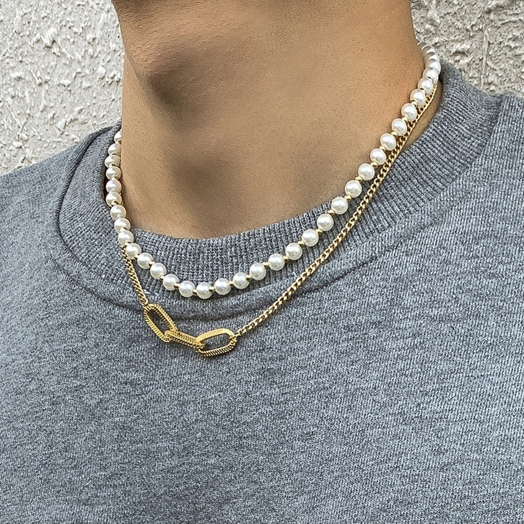 Men Necklace Decorative All-match Double-Layered Geometric Imitation Pearl Choker Necklace for Daily Wear Image 1