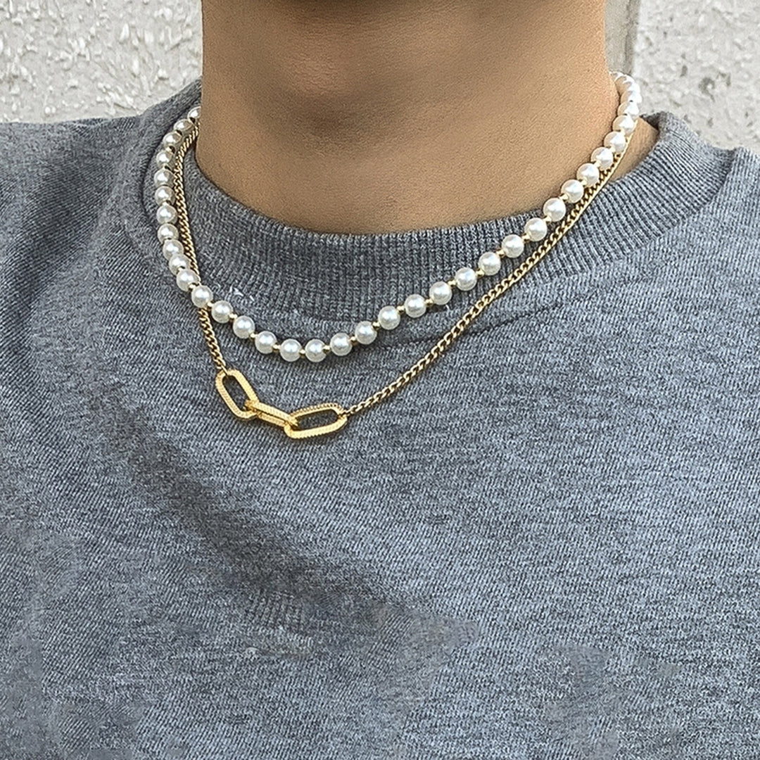 Men Necklace Decorative All-match Double-Layered Geometric Imitation Pearl Choker Necklace for Daily Wear Image 11