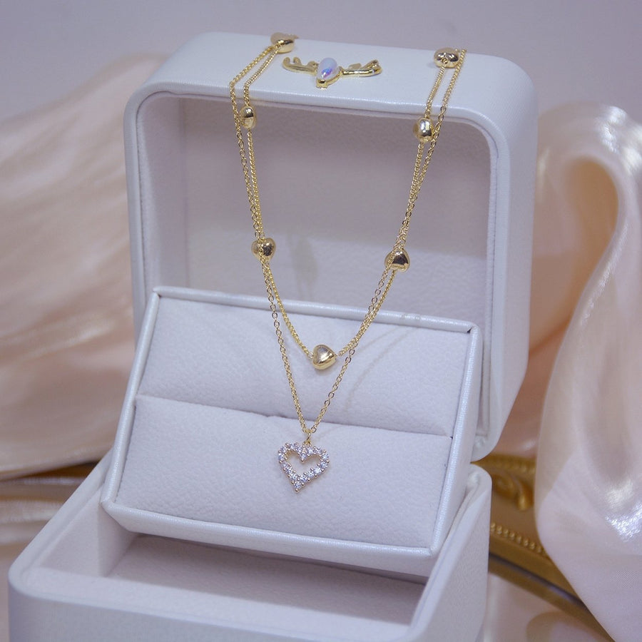 Women Necklace Double Layer Dainty Golden Chain Shiny Rhinestone Heart Pendant Ladies Clavicle Necklace Fashion Jewelry Image 1