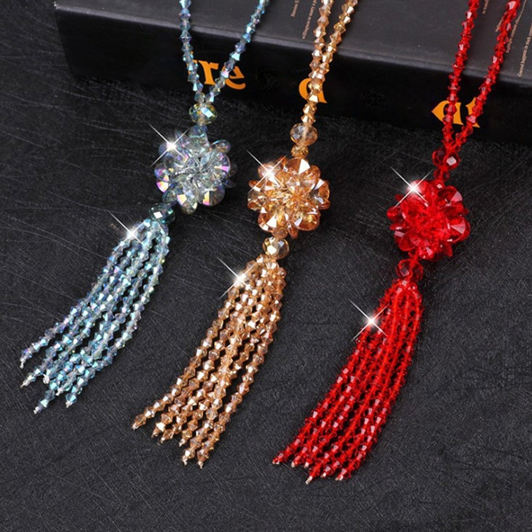 Faux Crystal Necklace Knotted Beaded Long Tassel Shiny All Match Good Gloss Women Long Pendant Sweater Necklace Jewelry Image 1