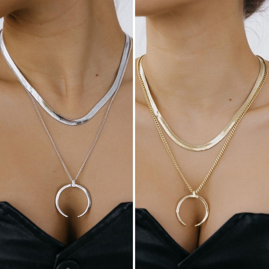 Women Necklace Crescent Pendant Double Layer Cool Stylish Snack Chain Adjustable Alloy Necklace Fashion Accessory Image 1