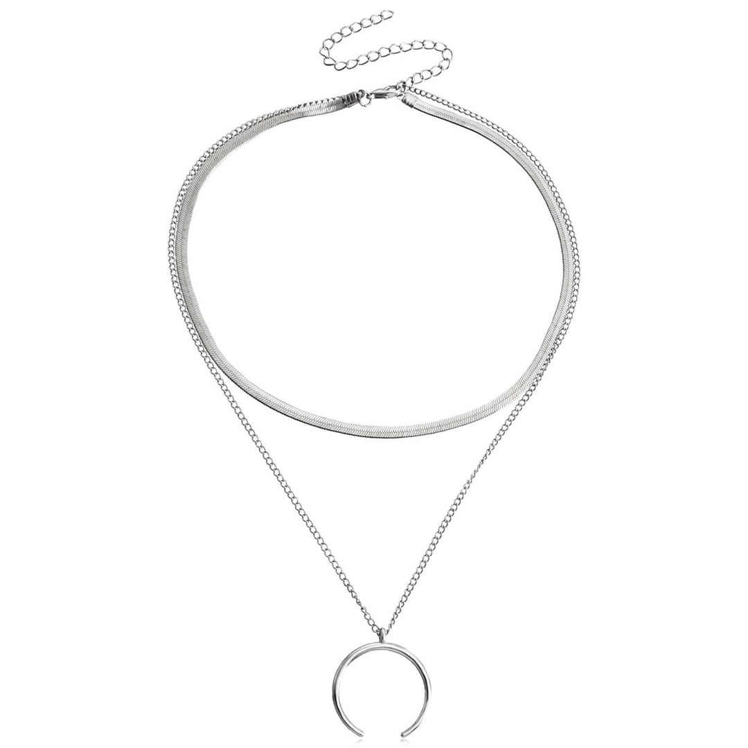 Women Necklace Crescent Pendant Double Layer Cool Stylish Snack Chain Adjustable Alloy Necklace Fashion Accessory Image 2