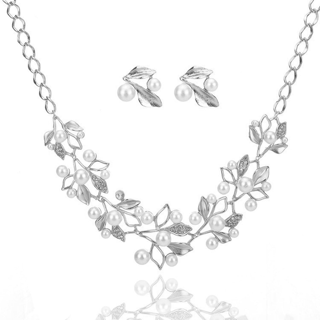 1 Set Bride Necklace Dazzling Rhinestone Hollow Leaf Splicing Elegant Noble High Gloss Faux Pearl Stud Earrings Kit Image 1