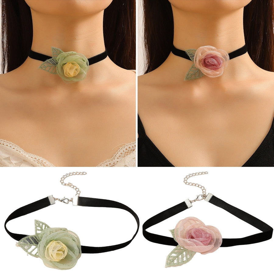 Sheer Flower Women Choker Retro Elegant Black Strap Green Leaves Adjustable Ladies Collar Necklace Party Supplies Image 1