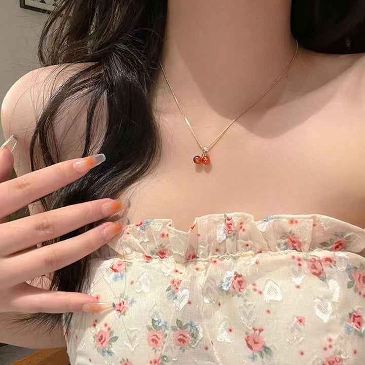 Women Necklace Elegant Golden Slim Chain Dainty Lightweight Gift Hypoallergenic Red Cherries Pendant Necklace Fashion Image 4