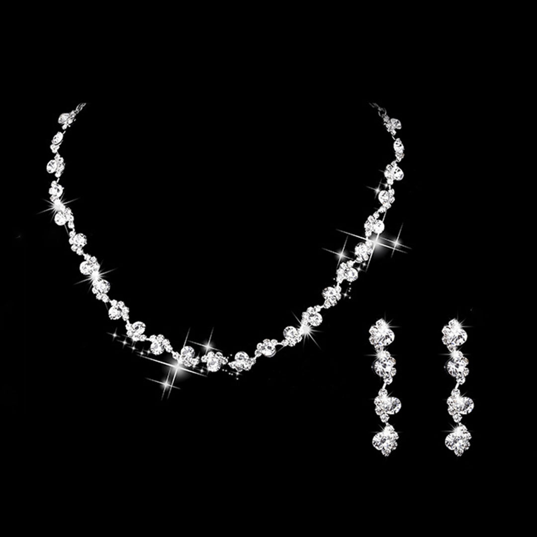 1 Set Earrings Necklace Set Geometric Rhinestones Jewelry Shiny Plated Bridal Jewelry Set for Prom Image 8