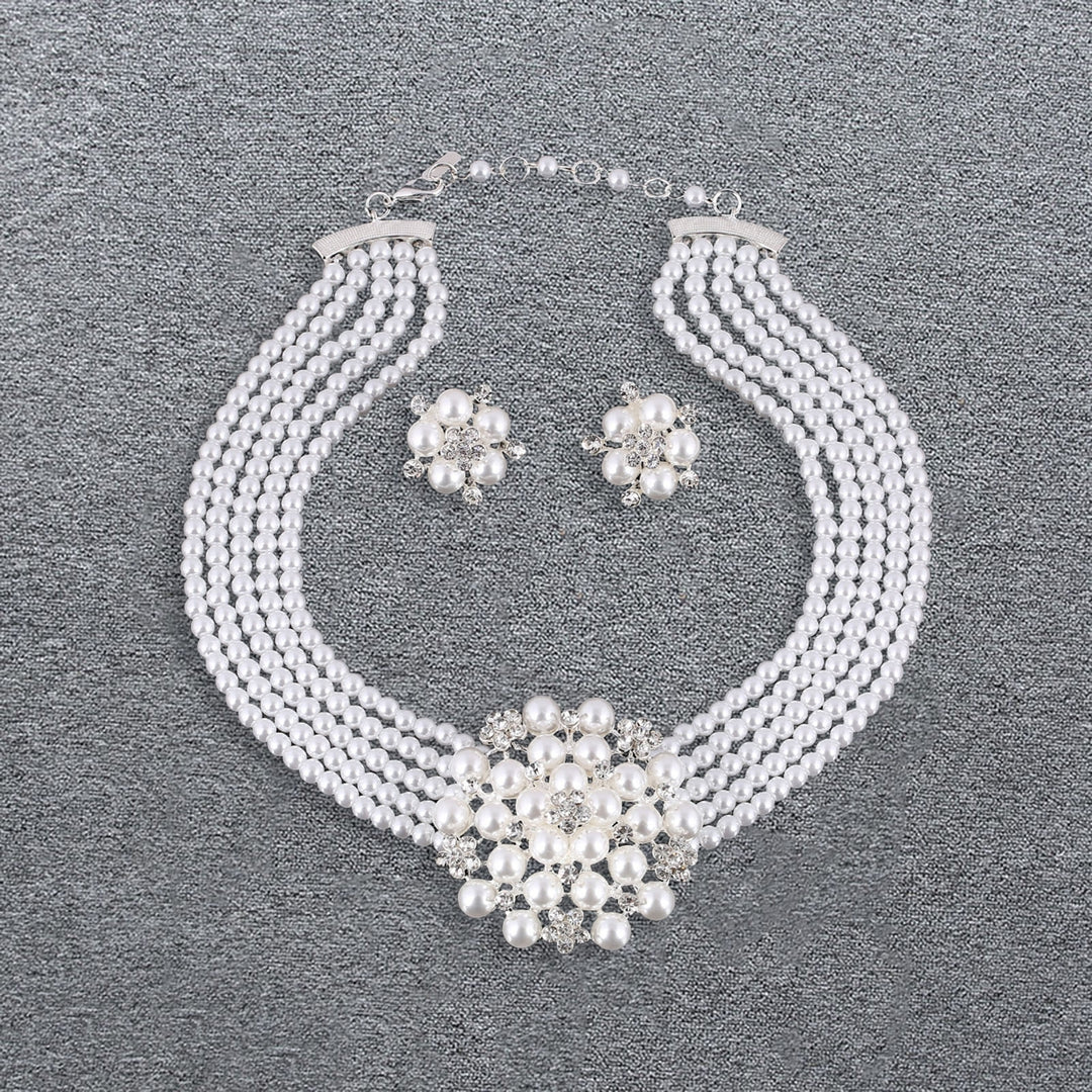 1 Set Necklace Earrings Set High Gloss Shiny Bright Luster Knotted Beaded Faux Pearl Flower Wedding Bridal Necklace Image 8