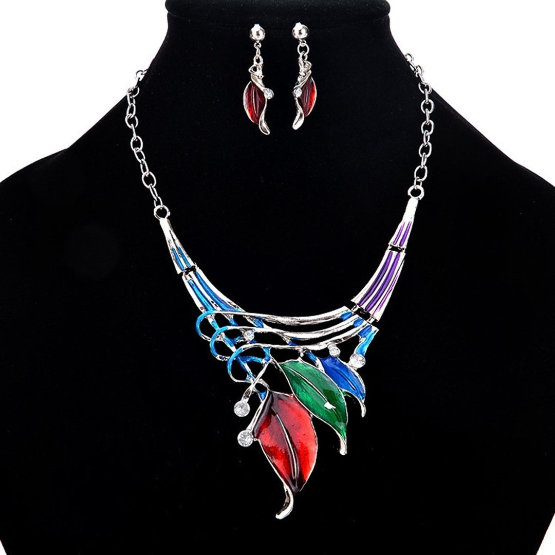 1 Set Dangle Earrings Oil-dropping Multi-layers Crossed Rhinestone Enamel Leaf Statement Necklace Kit Fashion Jewelry Image 1