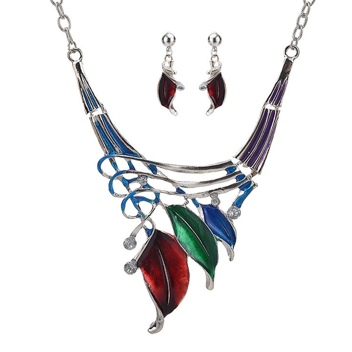 1 Set Dangle Earrings Oil-dropping Multi-layers Crossed Rhinestone Enamel Leaf Statement Necklace Kit Fashion Jewelry Image 11