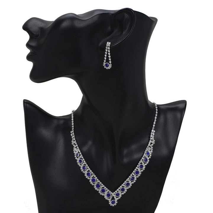 1 Set Bride Necklace Elegant Bling Blue Rhinestone Ladies Necklace Waterdrop Earrings Kit Wedding Jewelry Image 7