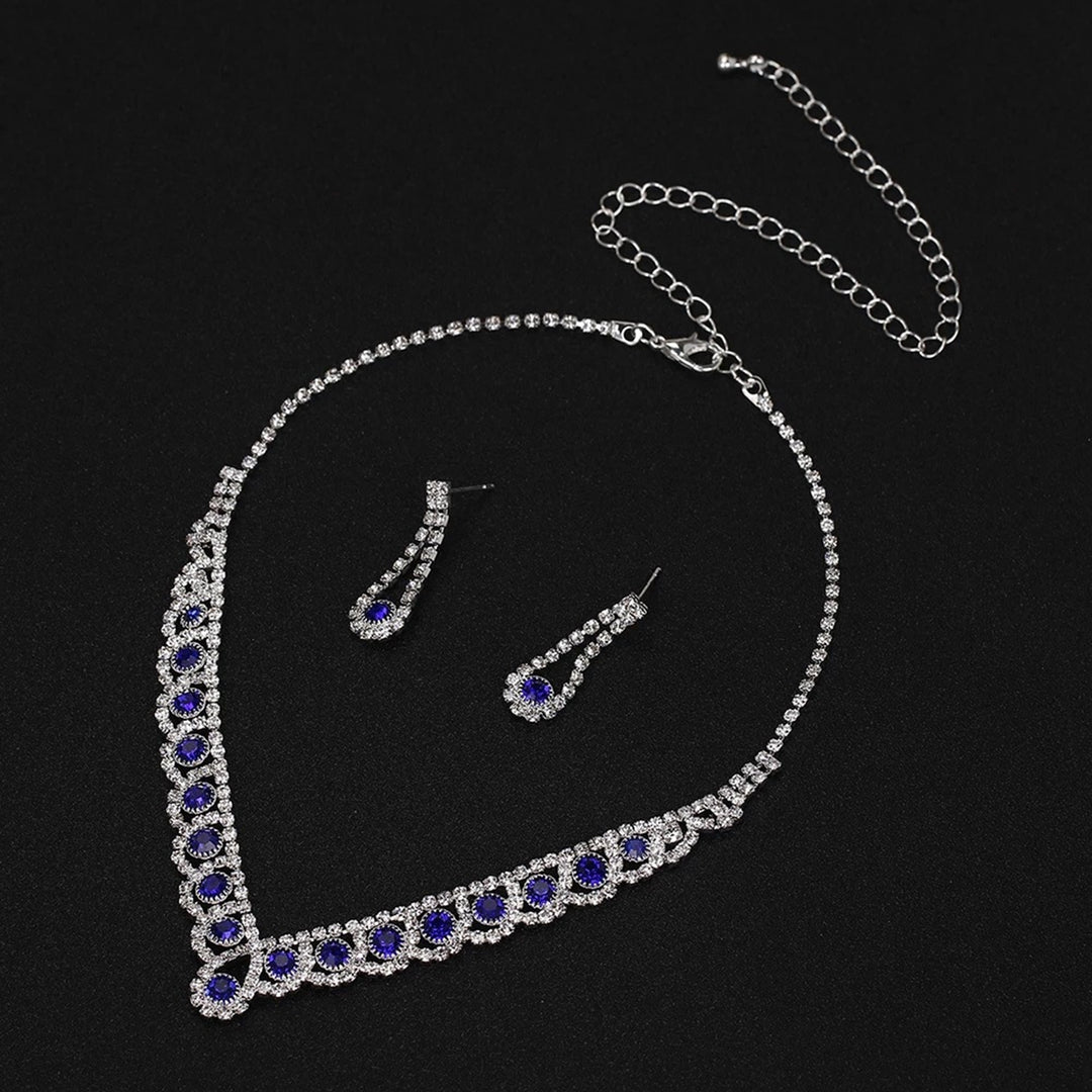 1 Set Bride Necklace Elegant Bling Blue Rhinestone Ladies Necklace Waterdrop Earrings Kit Wedding Jewelry Image 11