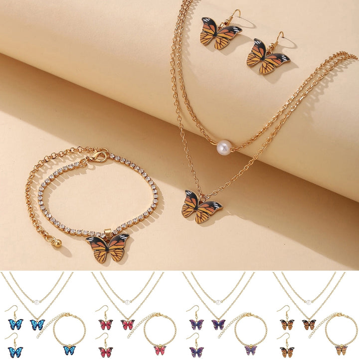 1 Set Dual Layers Butterflies Necklace Elegant Earrings Rhinestone Inlay Bracelet Jewelry Kit Fashion Accessories Gift Image 6