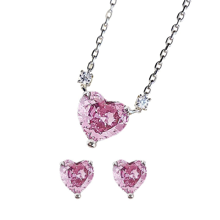 Women Earring Necklace Set Pink Rhinestone Heart Shape Pendant Stainless Ear Neck Decoration Jewelry Prom Wedding Party Image 3