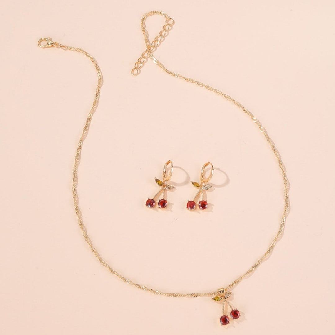 1 Set Necklace Earring Suit Cute Gemstone Cherry Womens Simple Versatile Faux Crystal Necklace Accessories Image 4