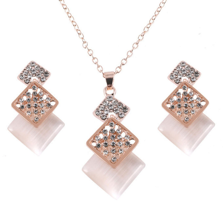 2Pcs/Set Women Hollow Geometric Square Pendant Necklace Shining Rhinestones Faux Opal Inlaid Adjustable Necklace Drop Image 4