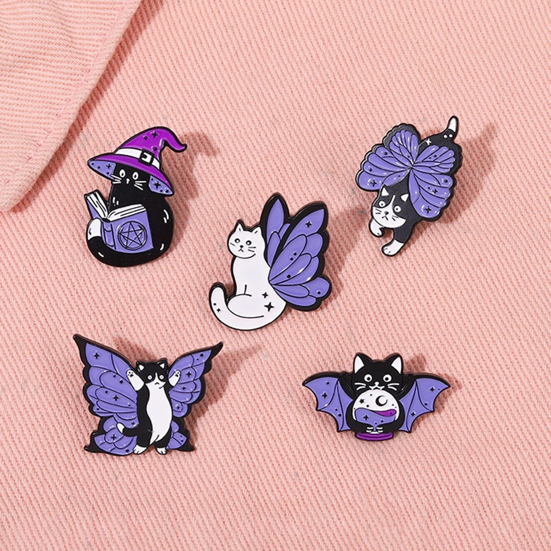 Funny Vivid Expression Cartoon Brooch Witch Black White Cat Wing Enamel Pin Image 1