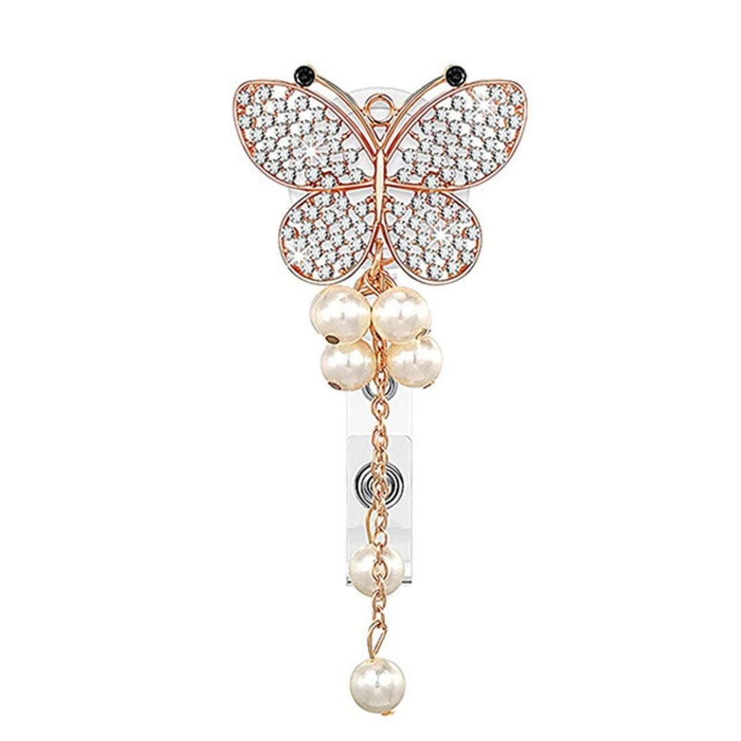 ID Badge Holder with Clip Heavy Duty Retractable Fancy Rhinestone Butterflies Badge Holder Reel Fashion Jewelry Image 1