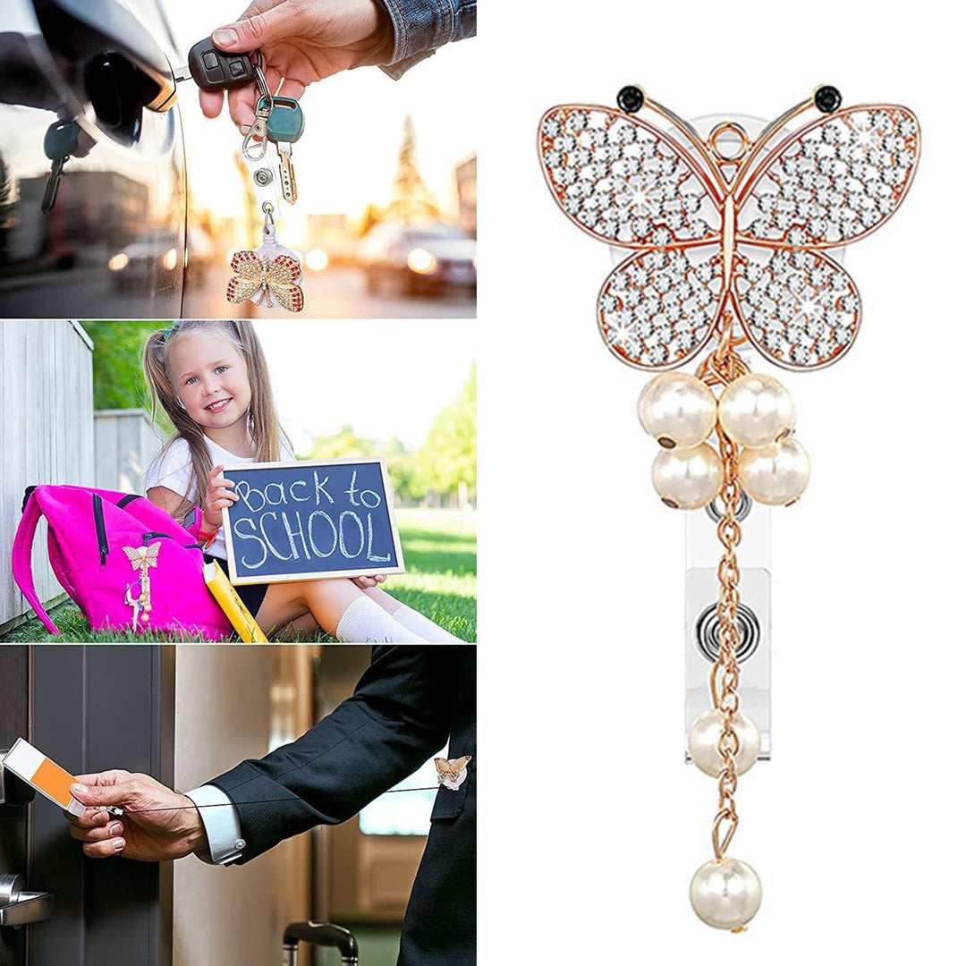 ID Badge Holder with Clip Heavy Duty Retractable Fancy Rhinestone Butterflies Badge Holder Reel Fashion Jewelry Image 7