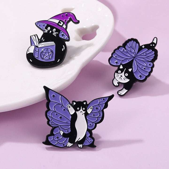 Funny Vivid Expression Cartoon Brooch Witch Black White Cat Wing Enamel Pin Image 8