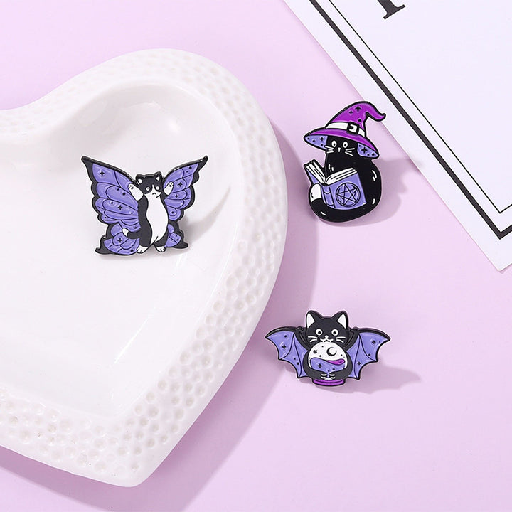 Funny Vivid Expression Cartoon Brooch Witch Black White Cat Wing Enamel Pin Image 9