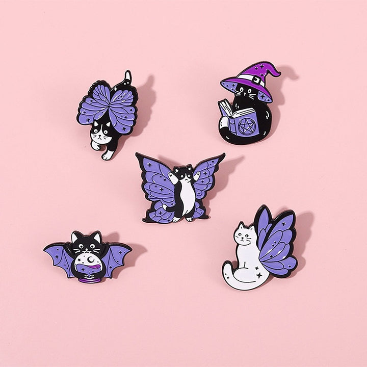 Funny Vivid Expression Cartoon Brooch Witch Black White Cat Wing Enamel Pin Image 11