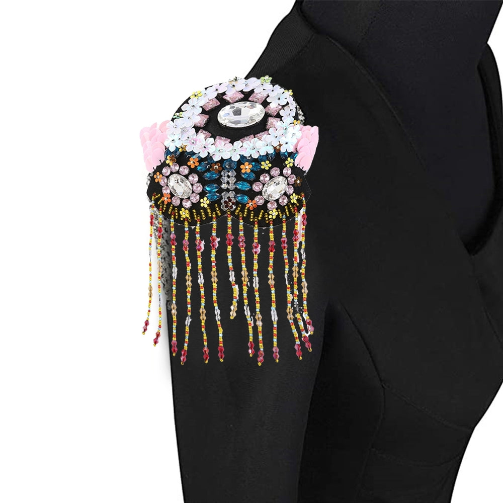 Shoulder Epaulet DIY Colorful Flowers Beaded Tassels Rhinestone Shoulder Board Badge Brooch Stage Performance Image 2