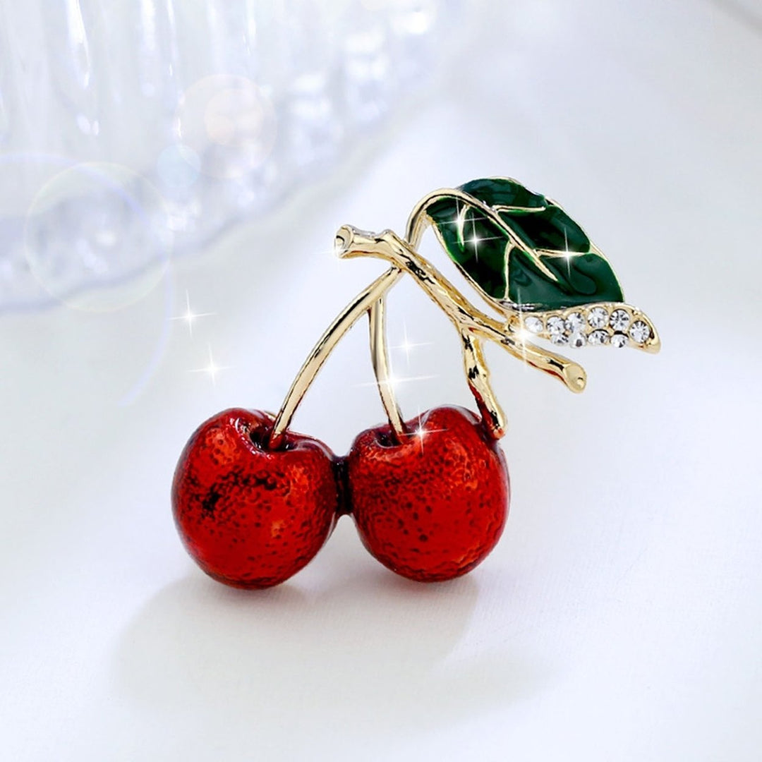 Cute Cherry Rhinestone Brooch Enamel Vivid Cherry Leaf Vibrant Color Pin Shawl Scarf Lapel Badge Fashion Dress Image 1