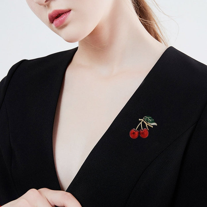 Cute Cherry Rhinestone Brooch Enamel Vivid Cherry Leaf Vibrant Color Pin Shawl Scarf Lapel Badge Fashion Dress Image 2